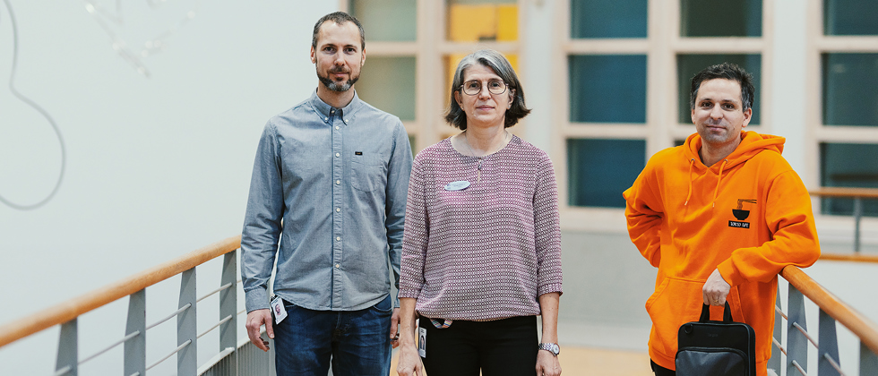 Matematiklärarna Rasmus Brugge, Monika Westerlund och Andreas Vinaccia hoppas att Fredrika Bremergymnasiet ska bli en arena för praktiknära forskning. 